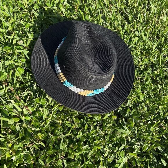 Black Hat BRAND NEW Hand Beaded Trim Band - Blue and Tan Beads
